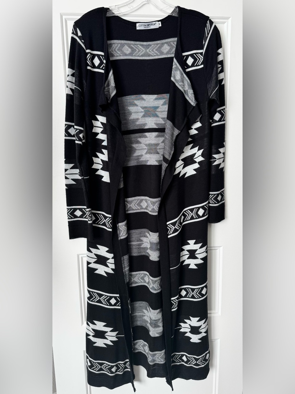 Cotton Emporium Black White Southwestern Aztec Duster Cardigan Made in USA M - Picture 2 of 6
